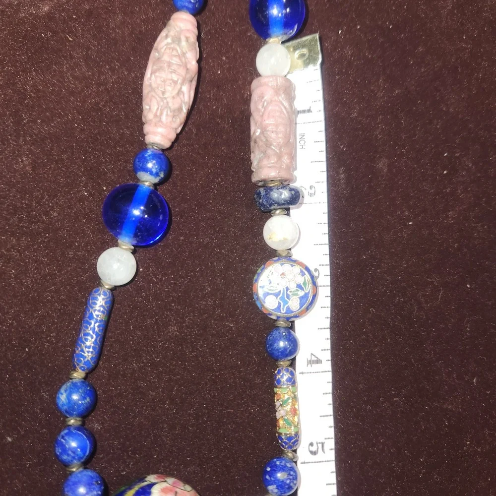 Vintage Chinese Export Lapis‎ Lazuli Pink stone Cloisonne Enamel Bead Necklace